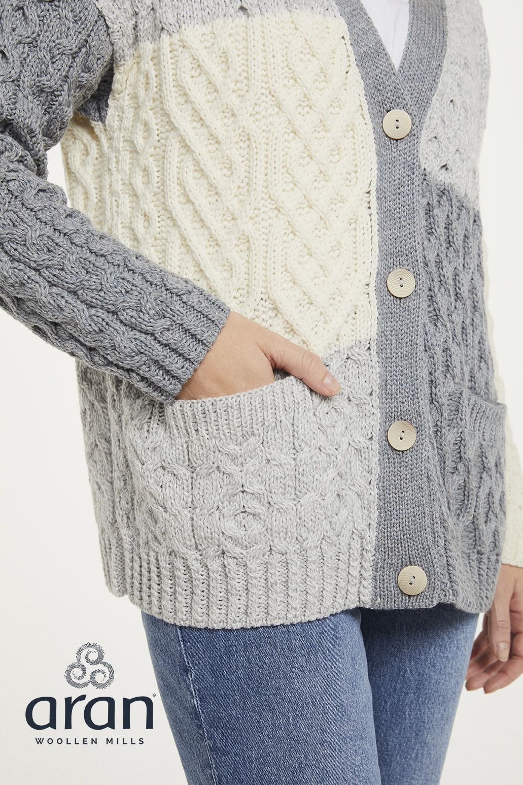 Irische Damen Strickjacke in Patchwork Optik M