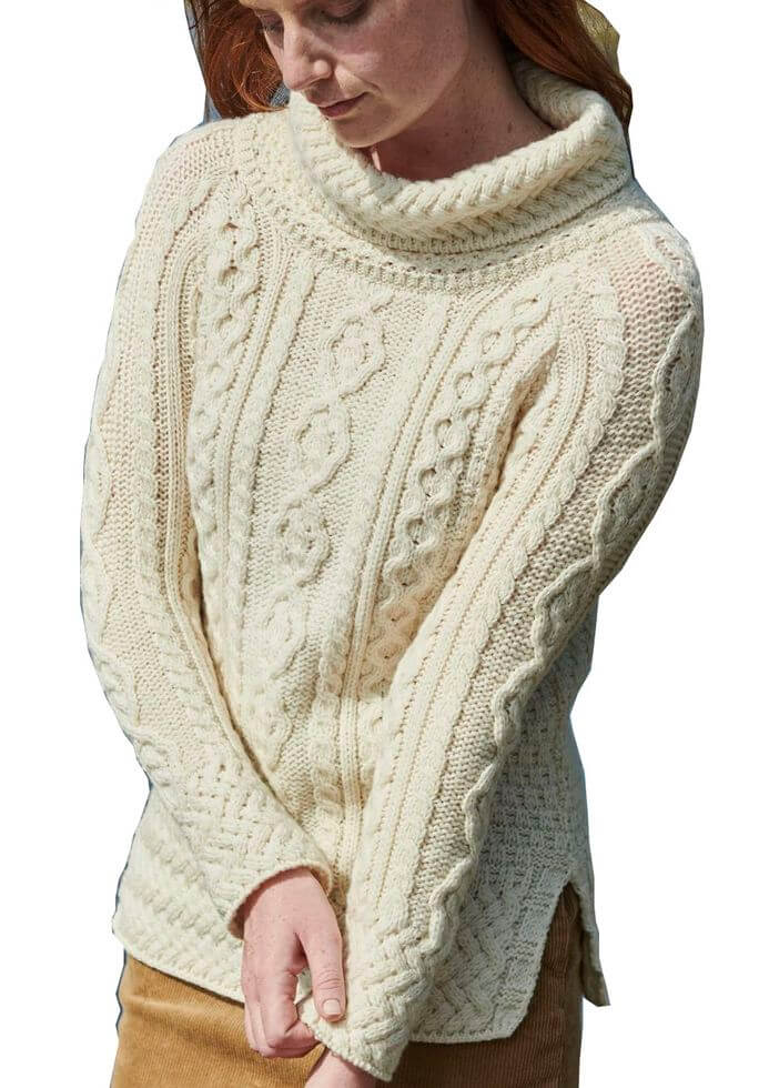 Irischer Damen Strickpullover in Tunika Stil m. halsfernen Rollkragen M