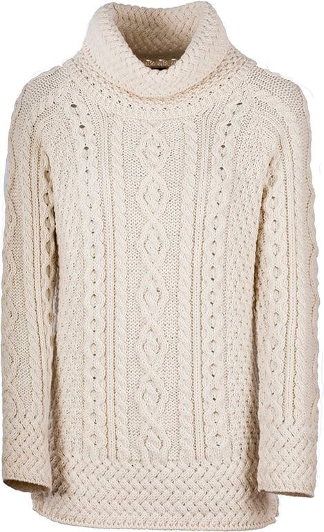 Irischer Damen Strickpullover in Tunika Stil m. halsfernen Rollkragen M