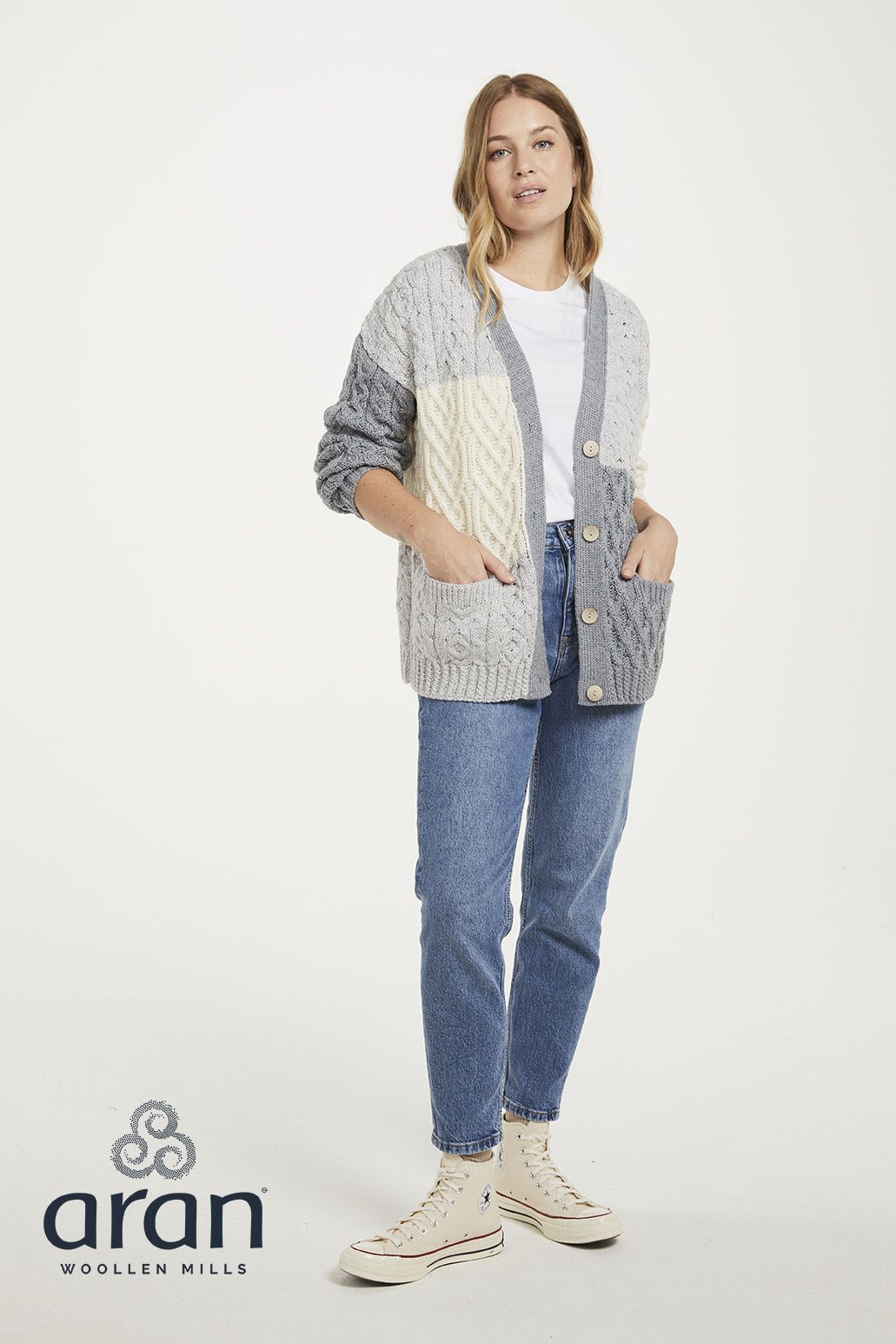 Irische Damen Strickjacke in Patchwork Optik M