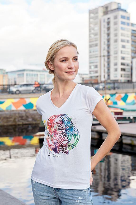Irisches Damen Kurzarm T-Shirt mit schönem V-Halsausschnitt S